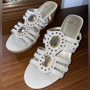 White Gem Wedge Sandals Size 9M Comfy Cork Heel Braided Straps Open Toe